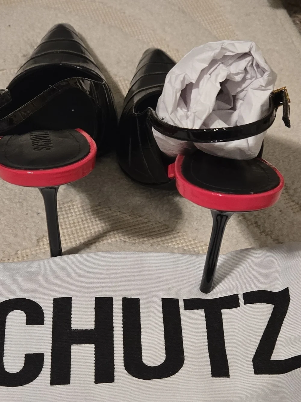 SCHUTZ Black Patent High Heel Sandals with Pink Accent